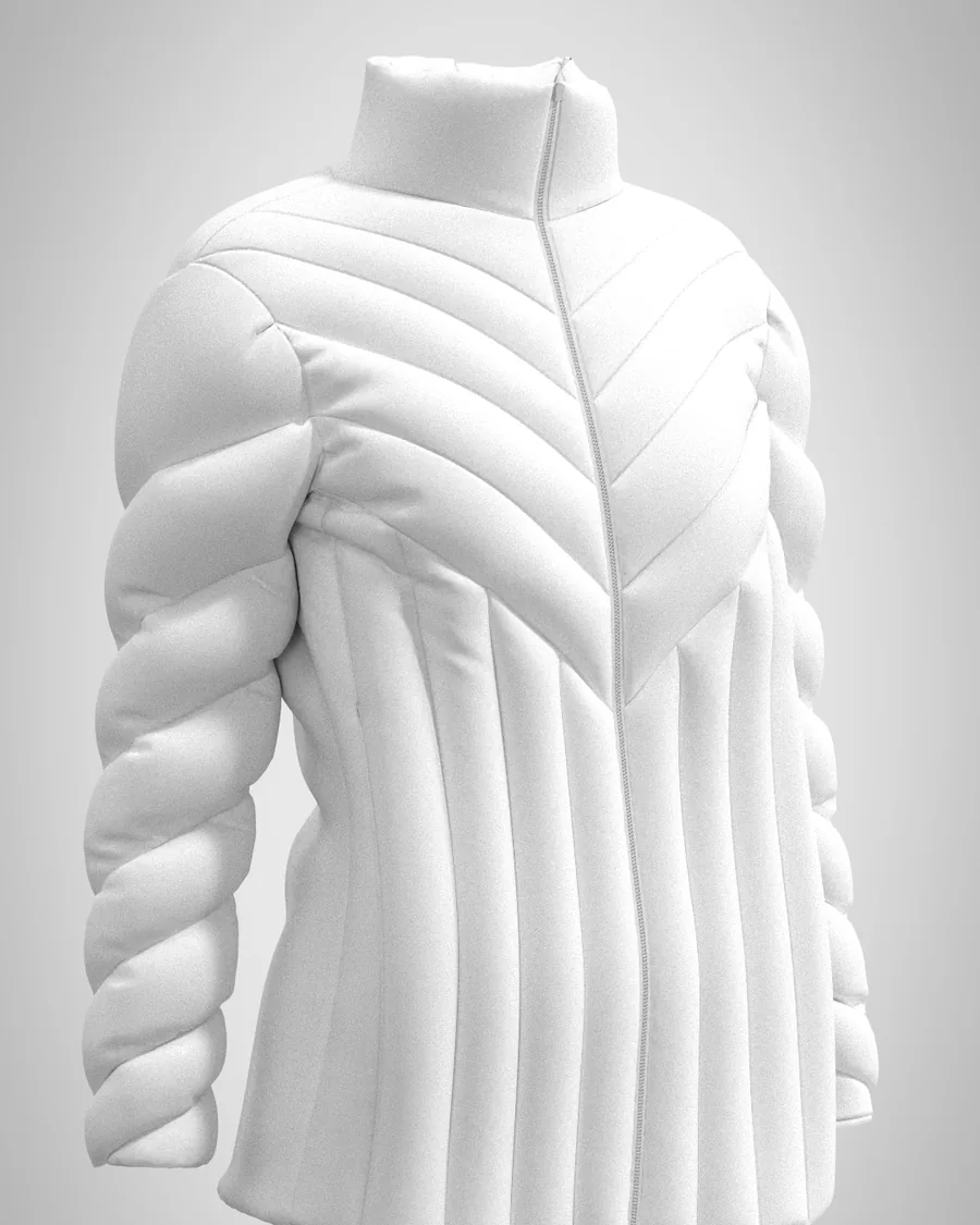 Plumífero blanco acolchado diseñado y simulado en 3D
