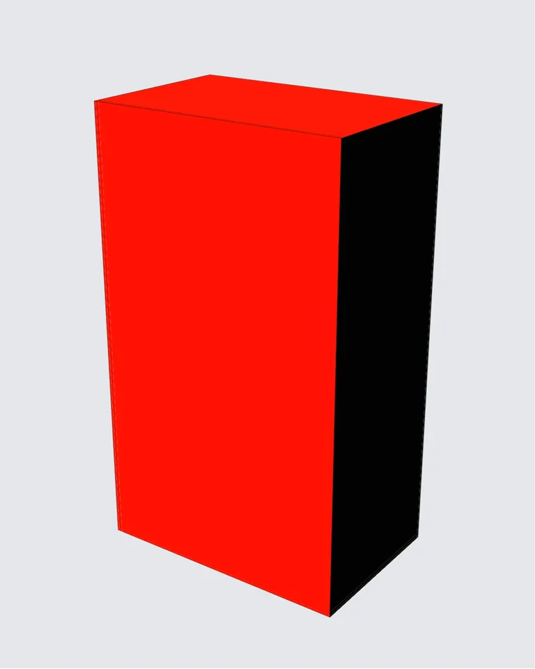 Estuche de solapas de cartoncillo en rojo y negro, plegado en 3D por la herramienta